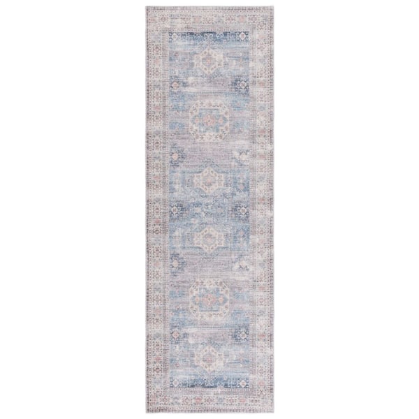 Arizona 3 ft. x 8 ft. Blue/Gray Machine Washable Traditional Medallion Distressed Runner Rug