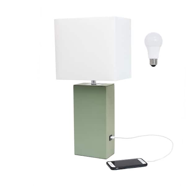 21 in. Sage Green Modern Leather Wrapped Table Lamp, with LED Bulb Included