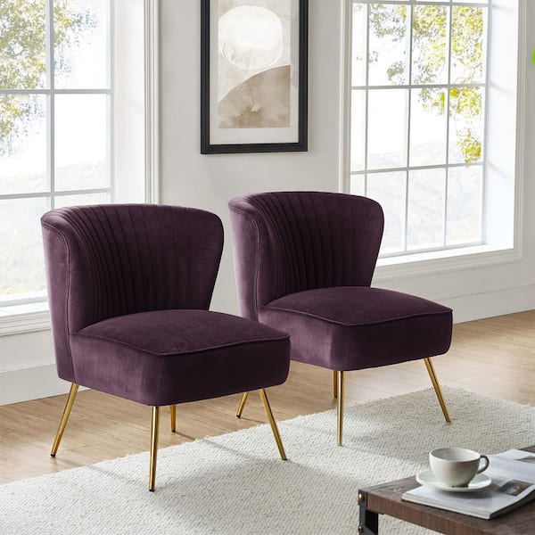 Monica Modern Purple Velvet Comfy Living Room Side Chair with Golden Metal Legs (Set of 2)