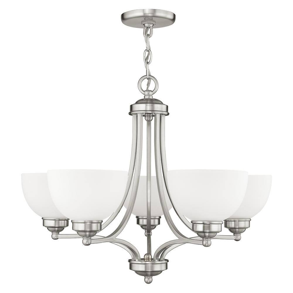 25" Brushed Nickel and Satin Glass 5-Light Chandelier