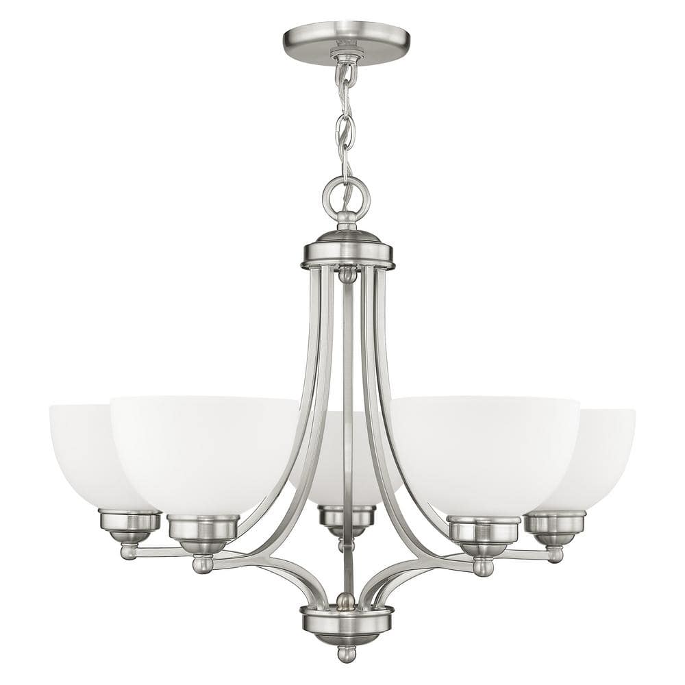 25" Brushed Nickel and Satin Glass 5-Light Chandelier