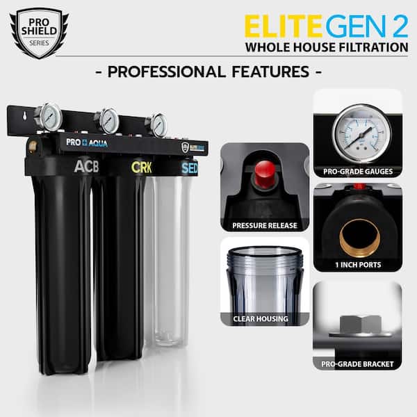 Pro Aqua ELITE Whole House Water Filter 3 Stage Well Water Filtration System with Gauges, PR Button, 1 Ports, Filter Set
