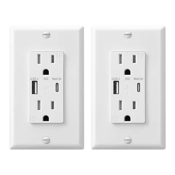 DEWENWILS White 15 Amp Tamper Resistant Receptacle Outlet with USB-A, USB-C Charger (2-Pack)