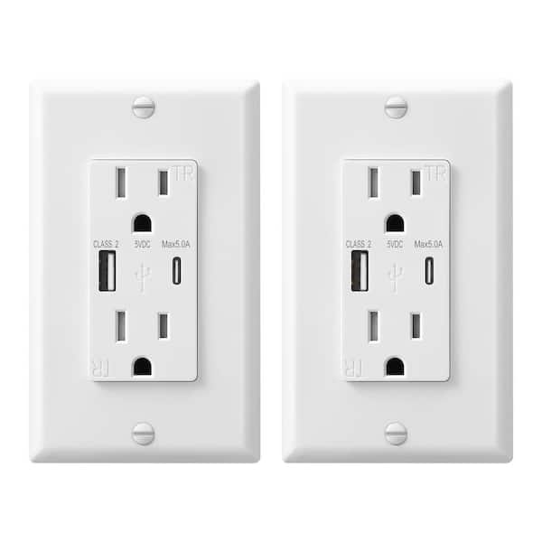 DEWENWILS White 15 Amp Tamper Resistant Receptacle Outlet with USB-A, USB-C Charger (2-Pack)