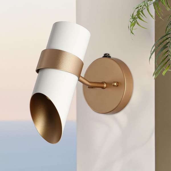 10.2 in. Modern White Dusk-to-Dawn Outdoor Cylinder Wall Sconce, Contemporary Gold Metal Wall Light for Porch or Patio