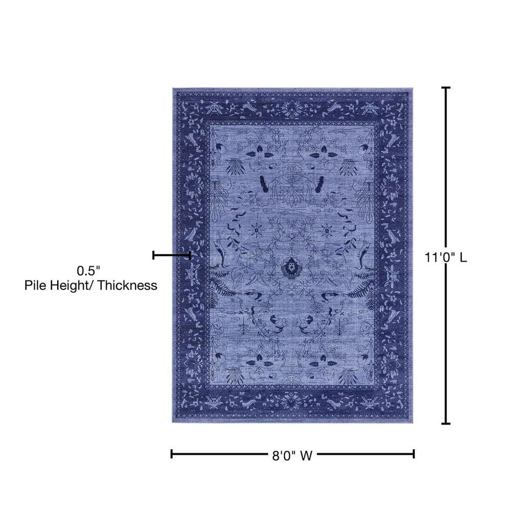Blue Floral Rectangular Synthetic Easy Care Area Rug