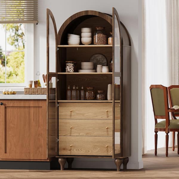 Jadine Walnut 68.5 in. H Arched Kitchen Pantry Cabinet with Adjustable Shelves, 3 Hidden Drawers
