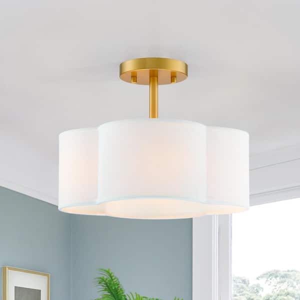Celina 14 in. 4-Light Gold Canopy Semi-Flush Mount with White Scallop Fabric Shade