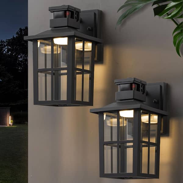 10.75 in. Black Motion Sensing Dusk to Dawn LED Outdoor Hardwired Wall Lantern Sconce (2-Pack)