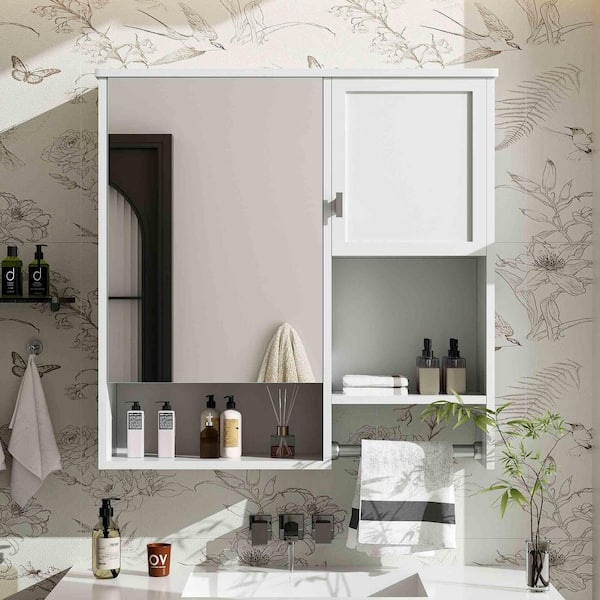29.52 in. W x 27.84 in. H Rectangular MDF Medicine Cabinet in White with Mirror and Towels Bar