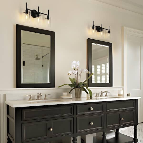 Modern Industrial 20 in. 3-light Matte Black Wall Sconce with Cylinder Clear Glass Shade, Vanity Light for Bathroom