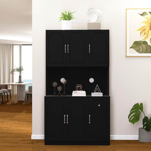 Otryad Kitchen Storage Cabinet with Microwave Oven Countertop, Freestanding Hutch Cabinet with Adjustable Shelves in Black