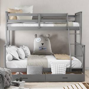 Twin-Over-Full Bunk Bed with Ladders and 2-Storage Drawers in Gray