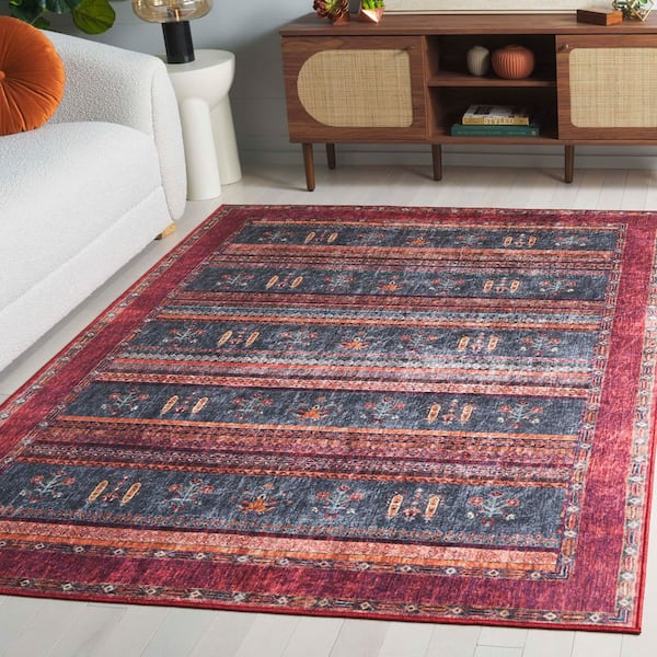 Orlando 4 ft. x 6 ft. Rust/Blue Bohemian Horizontal Stripe Washable Area Rug