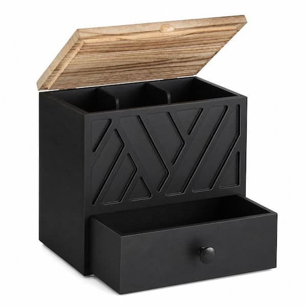 1-Pack Wooden Tampon Holder with Lid, 3 Compartments, Detachable Partitions, Bathroom Feminine Product Organizer, Black