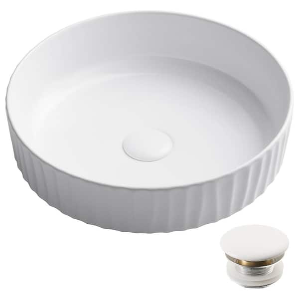 KRAUS Viva 15-3/4 in. Round Porcelain Ceramic Vessel Sink with Pop-Up Drain in White