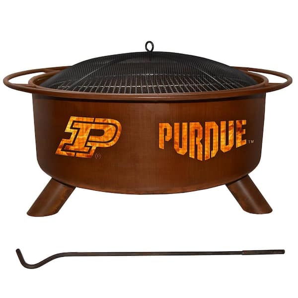 Unbranded Purdue 29 in. x 18 in. Round Steel Wood Burning Fire Pit in Rust with Grill Poker Spark Screen and Cover