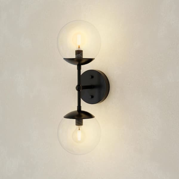 Progress Lighting Atwell Collection 6 in. 2-Light Matte Black Mid-Century Modern Wall Sconce with Clear Glass Shade