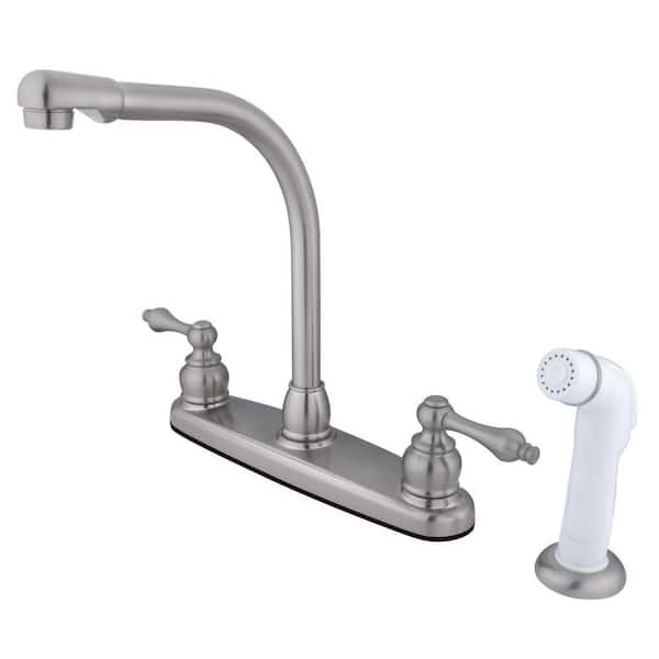 Kingston Brass Victorian 2-Handle Deck Mount Centerset Kitchen Faucets with Side Sprayer in Brushed Nickel
