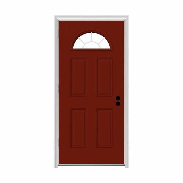 JELD-WEN 34 in. x 80 in. Fan Lite Mesa Red w/ White Interior Steel Prehung Right-Hand Outswing Front Door w/Brickmould