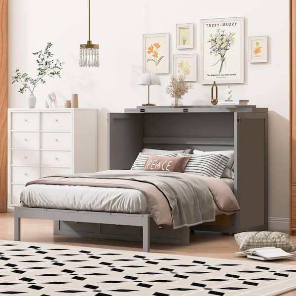 Gray Wood Frame Full Murphy Bed with Large Drawers