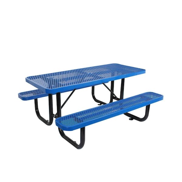 Unbranded 72 in. Blue Rectangular Outdoor Steel Picnic Table Seats 4-6 People with Umbrella Hole