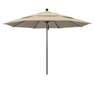 11 ft. Black Aluminum Commercial Market Patio Umbrella with Fiberglass Ribs and Pulley Lift in Beige Sunbrella