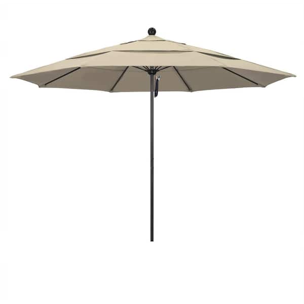 California Umbrella 11 ft. Black Aluminum Commercial Market Patio Umbrella with Fiberglass Ribs and Pulley Lift in Beige Sunbrella