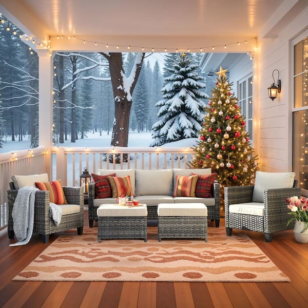 Positano Gray 5-Piece Wicker Outdoor Patio Conversation Seating Set with Beige Cushions