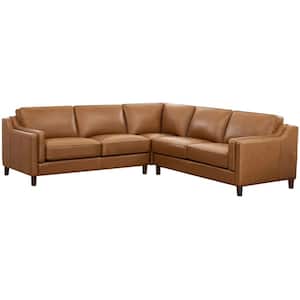 Bella 102 in. Slope Arm 3-piece Top Grain Leather L-Shaped Sectional Sofa in. Cognac with Removable Cushions