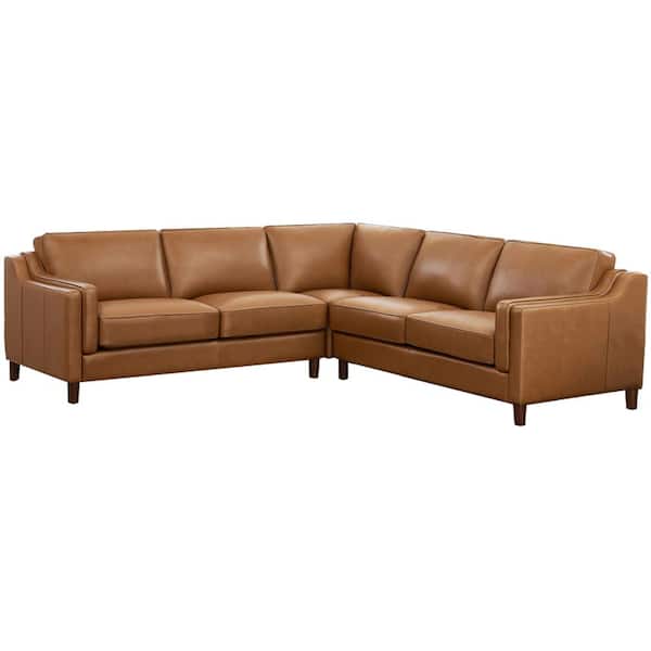 Hydeline Bella 102 in. Slope Arm 3-piece Top Grain Leather L-Shaped Sectional Sofa in. Cognac with Removable Cushions