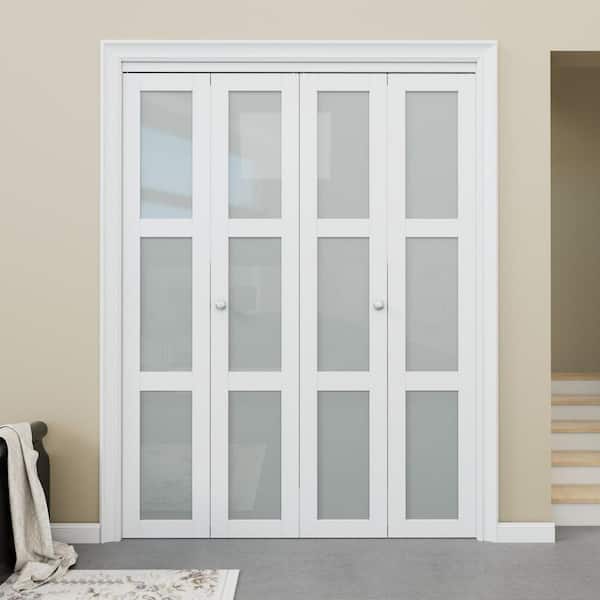 60 in. x 96 in. 3-Lite Frosted Glass Solid Core White Finished Glass Closet Bi-Fold Door with Hardware