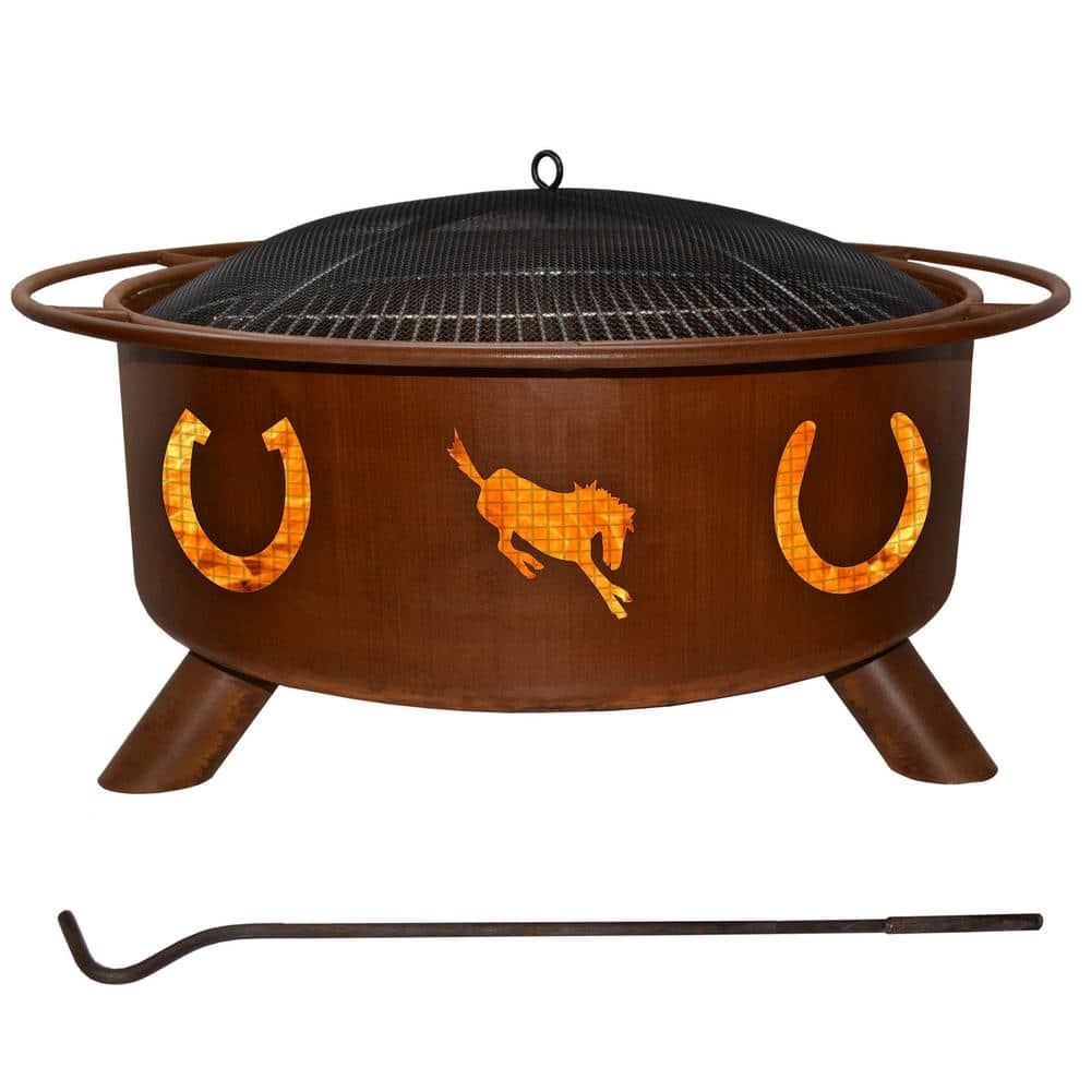 Horseshoes 29 in. x 18 in. Round Steel Wood Burning Fire Pit in Rust with Grill Poker Spark