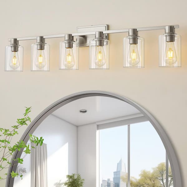 Deyidn Farmhouse 42.7 in. 6-Light Nickel Modern Industrial Indoor Vanity Light with Clear Glass Shades, Bulbs Not Included