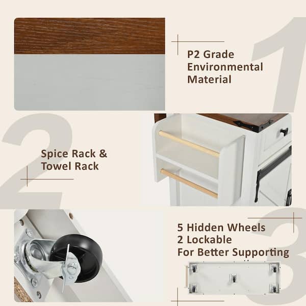 Xzkai White Wood 54 in. Kitchen Island with 5 Wheels and 3
