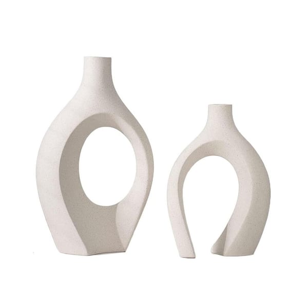 Beige 6.8 in. x 11 in. Ceramic Modern Boho Hollow Decorative Vase Set of 2