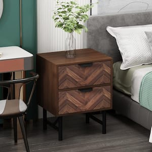 2-Drawer Brown Wood Nightstand With Metal Legs, Side Table Bedside Table 24 in. H x 18.9 in. W x 15.7 in. D