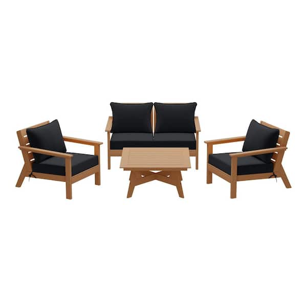 Birchwood Teak Arrangeable 5-Piece Outdoor Patio HDPE Deep Seating Conversation Lounge Set w/ Black Cushions