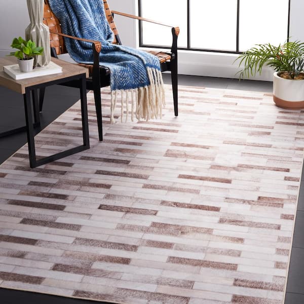 Faux Hide Beige/Brown 6 ft. x 6 ft. Machine Washable Plaid Geometric Square Area Rug