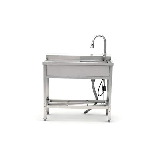 39 in. Farmhouse Double Bowl Stainless Steel Kitchen Sink with Faucet and Drain Freestanding Utility Sink w/Workbench