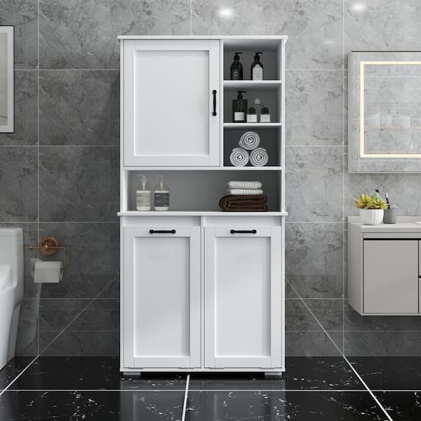 White 63 in. H MDF Modern Rectangle Laundry Room Hamper w/Shelf and 2-Tilt-Out Laundry Hamper Bathroom Storage Cabinet