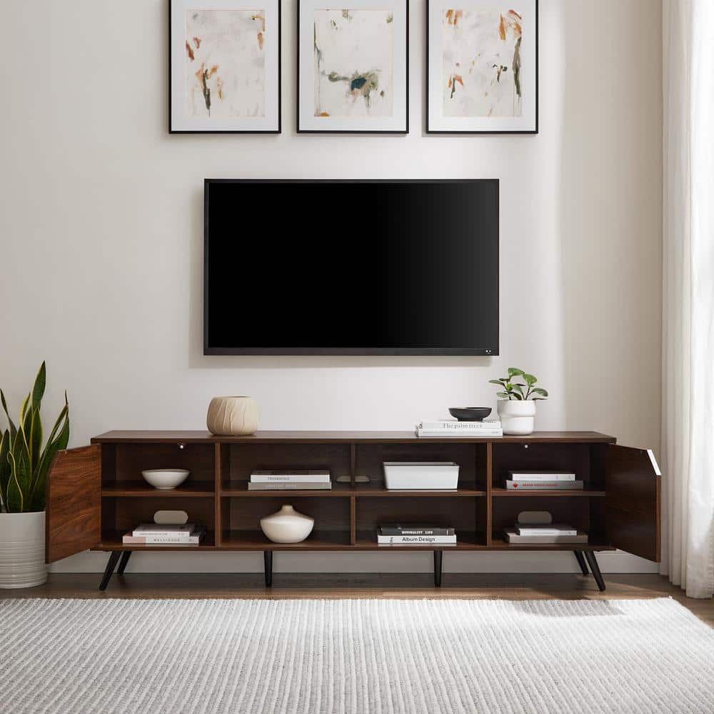 70" Dark Walnut Wood TV Stand with Cabinet and Shelves