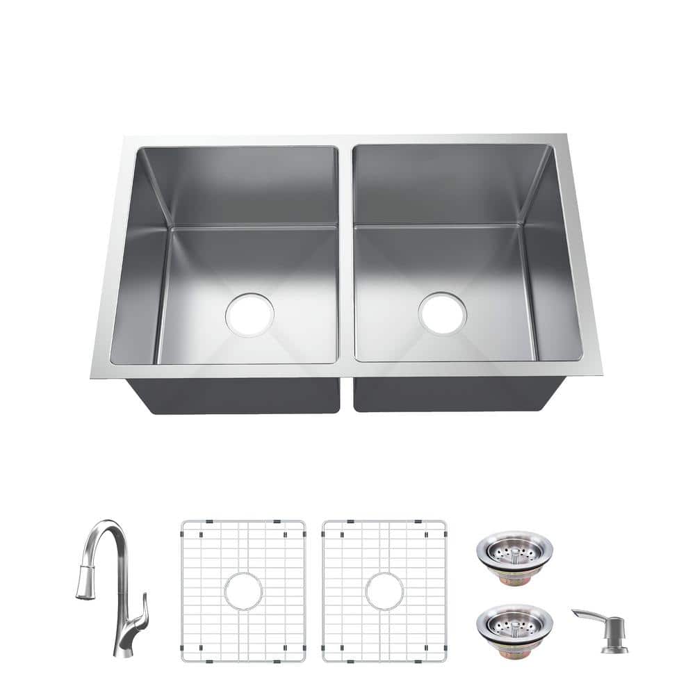Glacier Bay All-in-One Tight Radius Undermount 18G Stainless Steel 36 in. 50/50 Double Bowl Kitchen Sink with Pull-Down Faucet, Silver