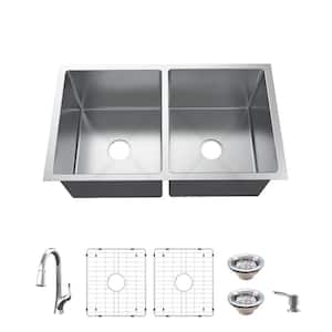 All-in-One Tight Radius Undermount 18G Stainless Steel 36 in. 50/50 Double Bowl Kitchen Sink with Pull-Down Faucet