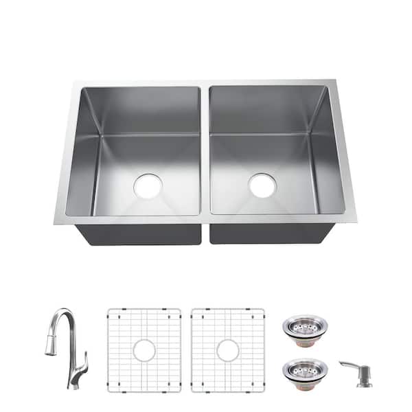 Glacier Bay Tight Radius 36 in. Undermount 50/50 Double Bowl 18 Gauge Stainless Steel Kitchen Sink with Pull-Down Faucet