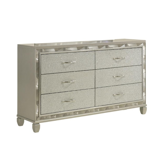 Benjara Silver and Chrome 6-Drawer 65.38 in. W Dresser Without Mirror