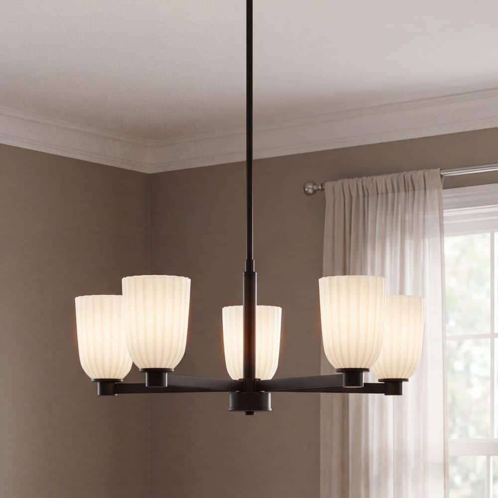 Baldwin 28 in. W x 11.5 in. H 5-Light Matte Black Transitional Chandelier with White Opal Ribbed Glass Shades price history on PriceWatchPro