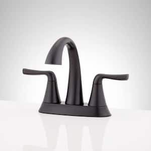 Provincetown 4 in. Centerset Double Handle Low Arc Bathroom Faucet with Drain Kit Included in Matte Black