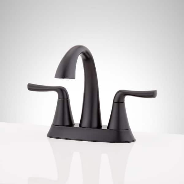 SIGNATURE HARDWARE Provincetown 4 in. Centerset Double Handle Low Arc Bathroom Faucet with Drain Kit Included in Matte Black