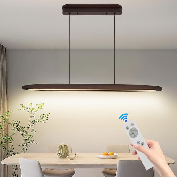 39.4 in. 1 Light Brown Walnut LED Pendant Light with Remote and Adjustable Height, 24W-Streamlined Design